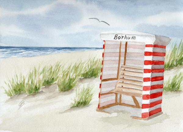 Postkarte DIN-A5  Aquarell Maritim Kunst Druck Kunstdruck Nordsee Insel Borkum Strandzelt Zelt Strandkorb Strand Meer Dünen